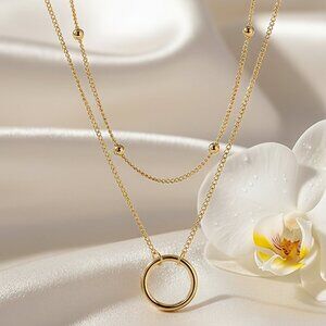 Minimalist Chic Layered Circle Pendant Necklace 18K Gold Plated Stainless